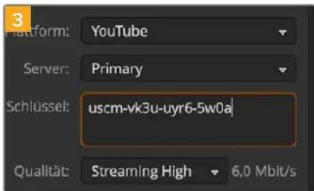 Platform: YouTube Server: Primary Schlüssel: uscm-vk3u-uyr6-5w0a Qualität: Streaming High 6.0 Mbit/s