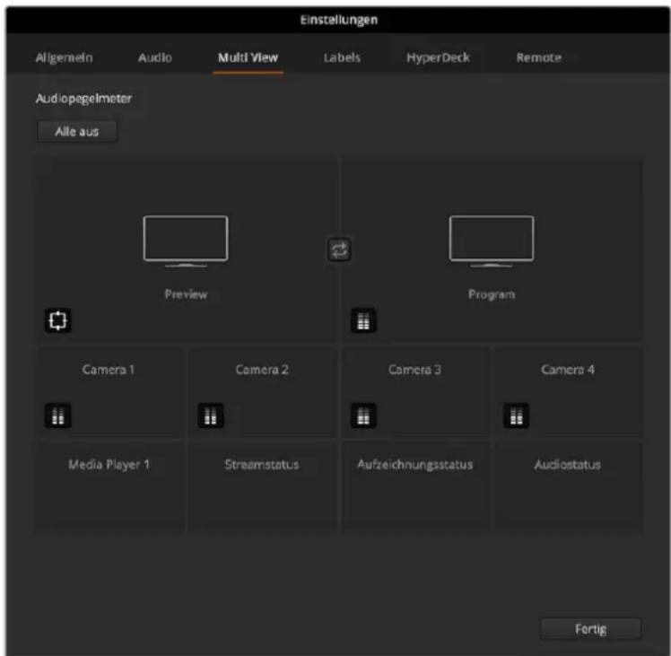 Einstellungen Allgemein Audio Multi View Labels HyperDeck Remote Audiopegelmeter Alle aus Preview Program Camera 1 Camera 2 Camera 3 Camera 4 Media Player 1 Streamstatus Aufzeichnungsstatus Audiostatus Fertig