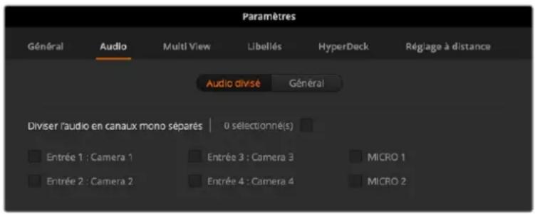 Paramètres Général Audio Multi View Libellés HyperDeck Réglage à distance Audio divisé Général Diviser l'audio en canaux mono séparés | 0 sélectionné(s) Entrée 1 : Camera 1 Entrée 3 : Camera 3 MICRO 1 Entrée 2 : Camera 2 Entrée 4 : Camera 4 MICRO 2