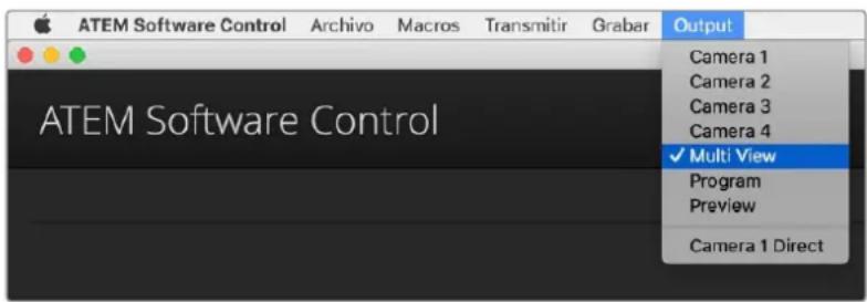 ATEM Software Control Archivo Macros Transmitir Grabar Output Camera 1 Camera 2 Camera 3 Camera 4 ✓ Multi View Program Preview Camera 1 Direct