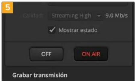 5 Calidad: Streaming High 9.0 Mb/s ✓ Mostrar estado OFF ON AIR Grabar transmisión