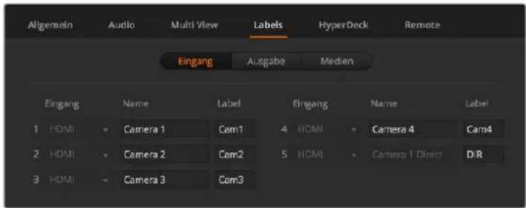 Allgemein Audio Multi View Labels HyperDeck Remote Eingang Ausgabe Medien Eingang Name Label Eingang Name Label 1 HDMI Camera 1 Cam1 4 HDMI Camera 4 Cam4 2 HDMI Camera 2 Cam2 5 HDMI Camera 1 Direct DIR 3 HDMI Camera 3 Cam3