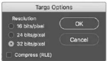 Targa Options Resolution 16 bits/pixel 24 bits/pixel 32 bits/pixel Compress (RLE) OK Cancel