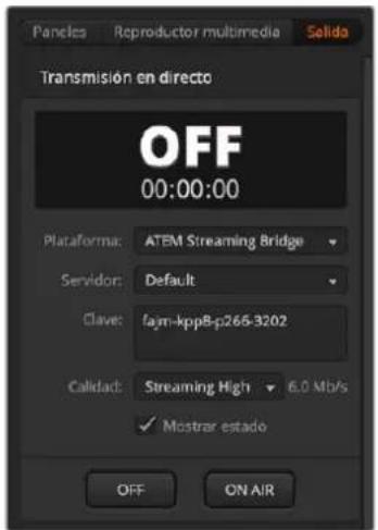 Panels Reproductor multimedia Selida Transmisión en directo OFF 00:00:00 Plataforma: ATEM Streaming Bridge Servidor: Default Clave: faym-kpp8-p265-3202 Calidad: Streaming High 6.0 Mb/s ✓ Mostrar estado OFF ON AIR