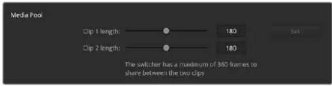 Media Pool Clip 1 length: 180 Clip 2 length: 180 The switcher has a maximum of 360 frames to share between the two clips