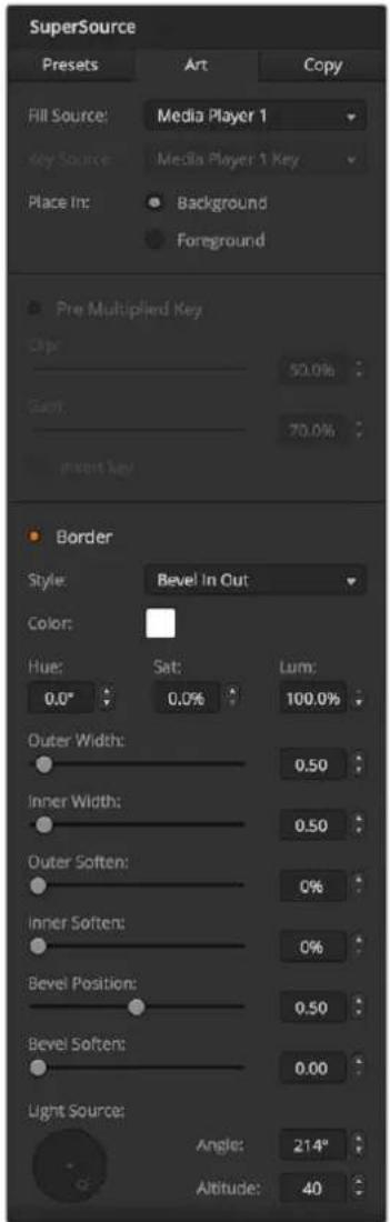 SuperSource Presets Art Copy Fill Source: Media Player 1 Key Source: Media Player 1 Key Place In: Background Foreground Pre-Multiplied Key Clip: 50.0% Gait: 70.0% Invert Key Border Style: Bevel In Out Color: Hue: Sat: Lum: 0.0° 0.0% 100.0% Outer Width: 0.50 Inner Width: 0.50 Outer Soften: 0% Inner Soften: 0% Bevel Position: 0.50 Bevel Soften: 0.00 Light Source: Angle: 214° Altitude: 40
