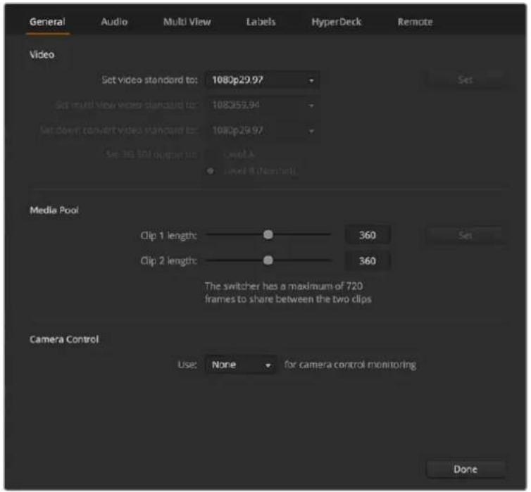 General Audio Multi View Labels HyperDeck Remote Video Set video standard to: 1080p29.97 Set multi-view video standard to: 108265.94 Set down convert video standard to: 1080p29.97 Set 36.300 output to: Level A Level B (Standard) Media Pool Clip 1 length: 360 Clip 2 length: 360 The switcher has a maximum of 720 frames to share between the two clips Camera Control Use: None for camera control monitoring Done
