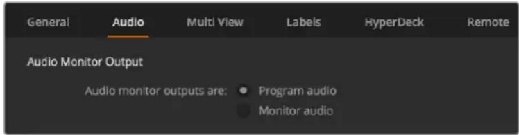 General Audio Multi View Labels HyperDeck Remote Audio Monitor Output Audio monitor outputs are: ● Program audio ● Monitor audio