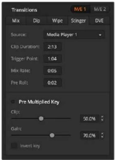 Transitions M/E 1 M/E 2 Mix Dip Wipe Stinger DVE Source: Media Player 1 Clip Duration: 2:13 Trigger Point: 1:04 Mix Rate: 0:05 Pre Roll: 0:02 Pre Multiplied Key Clip: 50.0% Gain: 70.0% Invert key