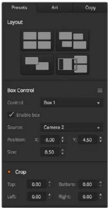 Presets Art Copy Layout Box Control Control: Box 1 ✓ Enable box Source: Camera 2 Position: X: -8.00 Y: 4.50 Size: 0.50 Crop Top: 0.00 Bottom: 0.00 Left: 0.00 Right: 0.00