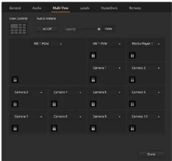 General Audio Multi View Labels HyperDeck Remote View Control Audio Meters All Off Capacity 100% ME 1 PGM ME 1 PVW Media Player 1 Camera 1 Camera 2 Camera 3 Camera 4 Camera 5 Camera 6 Camera 7 Camera 8 Camera 9 Camera 10 Done