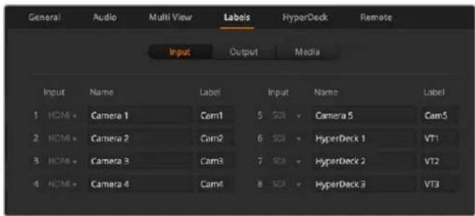 General Audio Multi View Labels HyperDeck Remote Input Output Media Input Name Label Input Name Label 1 HDMI - Camera 1 Cam1 5 SOI - Camera 5 Cam5 2 HDMI - Camera 2 Cam2 6 SOI - HyperDeck 1 VT1 3 HDMI - Camera 3 Cam3 7 SOI - HyperDeck 2 VT2 4 HDMI - Camera 4 Cam4 8 SOI - HyperDeck 3 VT3