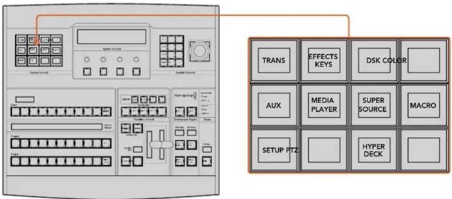 TRANS EFFECTS KEYS DSK COLOR AUX MEDIA PLAYER SUPER SOURCE MACRO SETUP PTZ HYPER DECK