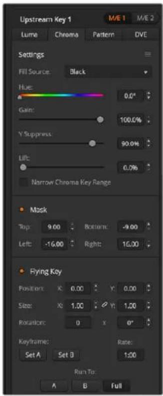 Upstream Key 1 M/E 1 M/E 2 Lume Chroma Pattern DVE Settings Fill Source: Black Hue: 0.0° Gain: 100.0% Y Suppress: 90.0% Lift: 0.0% Narrow Chroma Key Range Mask Top 9.00 Bottom: -9.00 Left -16.00 Right: 16.00 Flying Key Position: X 0.00 Y 0.00 Size: X 1.00 Y 1.00 Rotation: 0 X 0° Keyframe: Set A Set B Rate: 1:00 Run To: A B Full