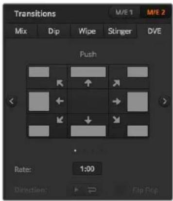 Transitions M/E 1 M/E 2 Mix Dip Wipe Stinger DVE Push Rate: 1:00 Direction: Flip Flop