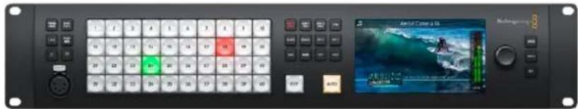 Control panel interface with keyboard, play buttons, and a preview window displaying a video player.