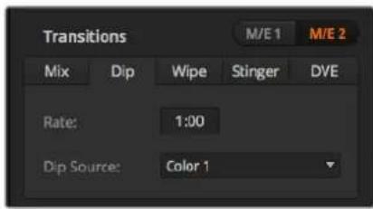 Transitions M/E 1 M/E 2 Mix Dip Wipe Stinger DVE Rate: 1:00 Dip Source: Color 1