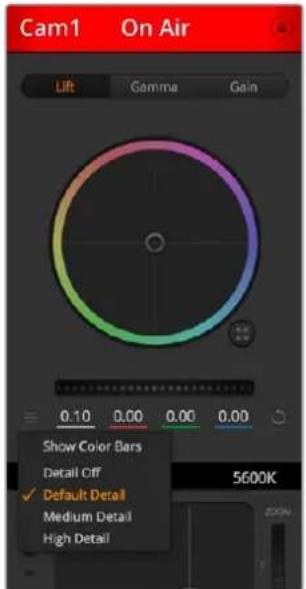 Cam1 On Air Lift Gamma Gain 0.10 0.00 0.00 0.00 Show Color Bars Detail Off ✓ Default Detail Medium Detail High Detail 5600K