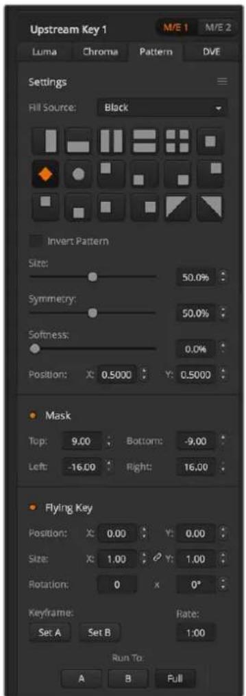 Upstream Key 1 M/E 1 M/E 2 Luma Chroma Pattern DVE Settings Fill Source: Black Invert Pattern Size: 50.0% Symmetry: 50.0% Softness: 0.0% Position: X: 0.5000 Y: 0.5000 Mask Top: 9.00 Bottom: -9.00 Left: -16.00 Right: 16.00 Flying Key Position: X: 0.00 Y: 0.00 Size: X: 1.00 Y: 1.00 Rotation: 0 X 0° Keyframe: Set A Set B Rate: 1:00 Run To: A B Full