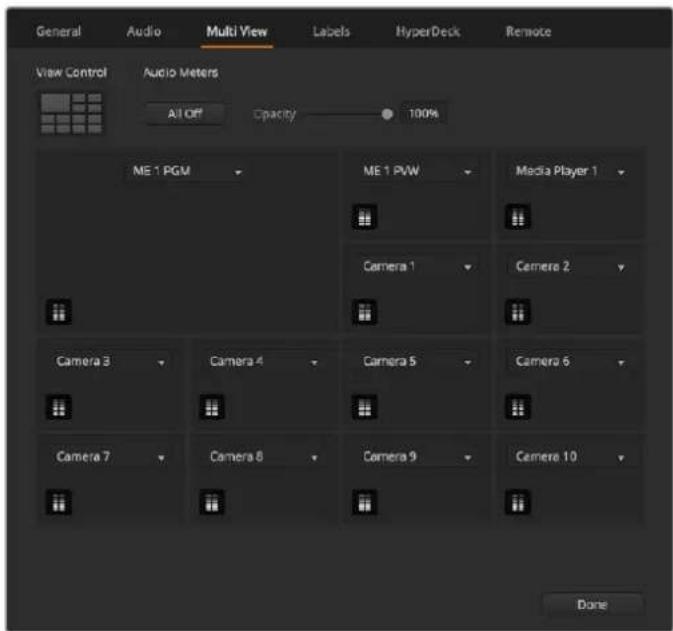 General Audio Multi View Labels HyperDeck Remote View Control Audio Meters All Off Opacity 100% ME 1 PGM ME 1 PVW Media Player 1 Camera 1 Camera 2 Camera 3 Camera 4 Camera 5 Camera 6 Camera 7 Camera 8 Camera 9 Camera 10 Done