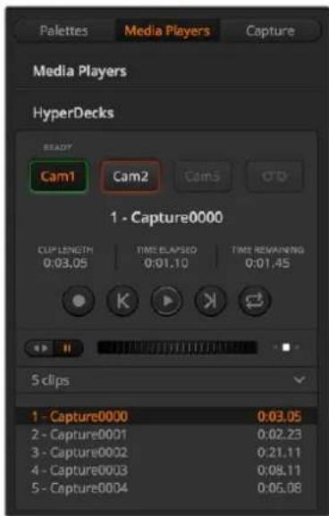 Palettes Media Players Capture Media Players HyperDecks READY Cam1 Cam2 Cam3 CTD 1 - Capture0000 CUP LENGTH TIME ELLAPSED TIME REMAINING 0:03.05 0:01.10 0:01.45 5 clips 1 - Capture0000 0:03.05 2 - Capture0001 0:02.23 3 - Capture0002 0:21.11 4 - Capture0003 0:08.11 5 - Capture0004 0:05.08