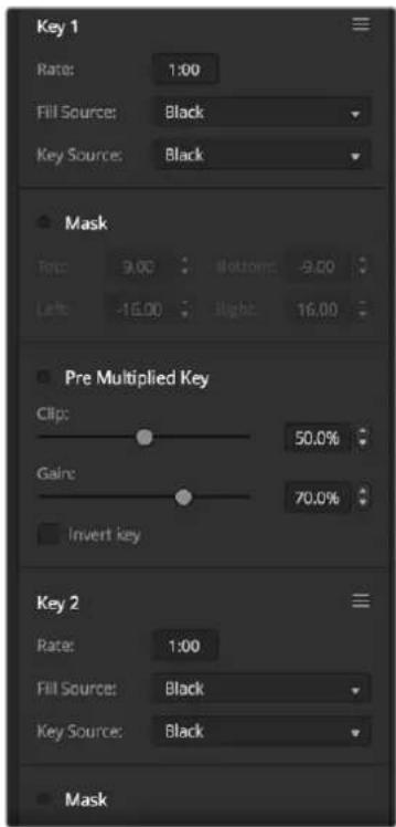 Key 1 Rate: 1:00 Fill Source: Black Key Source: Black Mask Top: 9.00 Bottom: -9.00 Left: -16.00 Right: 16.00 Pre Multiplied Key Clip: 50.0% Gain: 70.0% Invert key Key 2 Rate: 1:00 Fill Source: Black Key Source: Black Mask