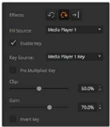 Effects Fill Source: Media Player 1 Enable Key Key Source: Media Player 1 Key Pre-Multipled Key Clip: 50.0% Gain: 70.0% Invert Key