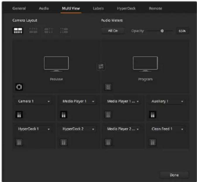 General Audio Multi View Labels HyperDeck Remote Camera Layout Audio Meters All On Opacity 65% Preview Program Camera 1 Media Player 1 Media Player 1 ... Auxiliary 1 HyperDeck 1 HyperDeck 2 Media Player 2 ... Clean Feed 1 Done