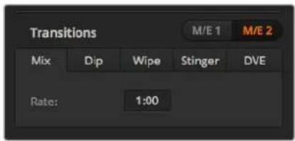 Transitions M/E 1 M/E 2 Mix Dip Wipe Stinger DVE Rate: 1:00