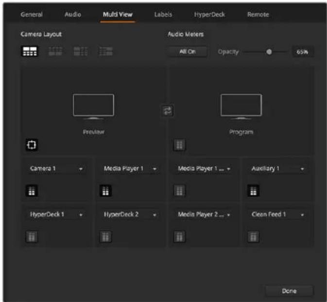 General Audio Multi View Labels HyperDeck Remote Camera Layout Audio Meters All On Opacity 65% Preview Program Camera 1 Media Player 1 Media Player 1 ... Auxiliary 1 HyperDeck 1 HyperDeck 2 Media Player 2 ... Clean Feed 1 Done