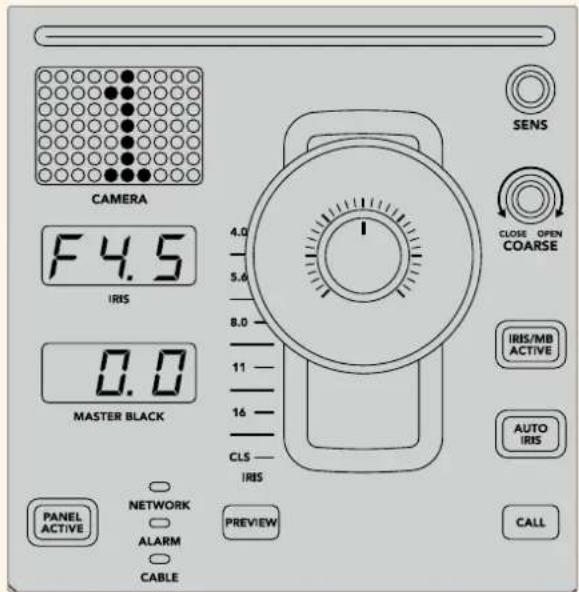 CAMERA F 4.5 IRIS 0.0 MASTER BLACK PANEL ACTIVE NETWORK ALARM CABLE 4.0 5.6 8.0 11 16 CLS IRIS PREVIEW SENS CLOSE OPEN COARSE IRIS/MB ACTIVE AUTO IRIS CALL