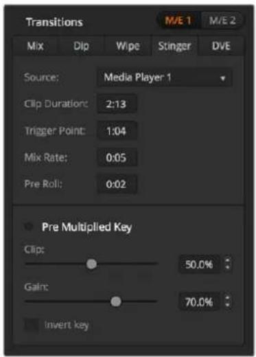 Transitions M/E 1 M/E 2 Mix Dip Wipe Stinger DVE Source: Media Player 1 Clip Duration: 2:13 Trigger Point: 1:04 Mix Rate: 0:05 Pre Roll: 0:02 Pre Multiplied Key Clip: 50.0% Gain: 70.0% Invert key
