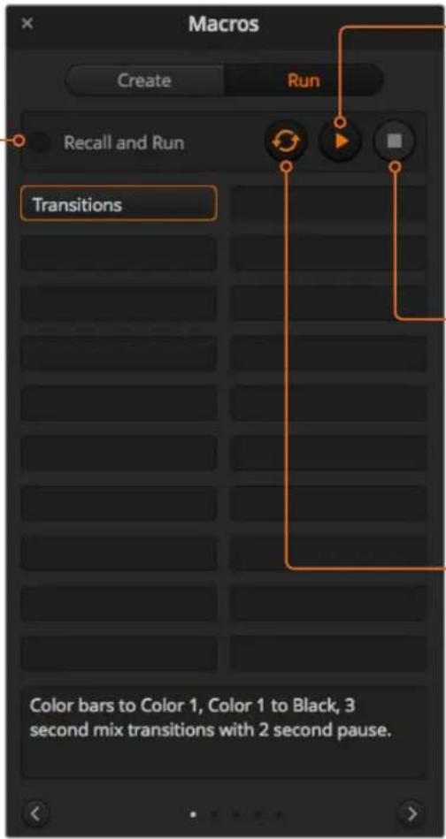 Macros Create Run Recall and Run Transitions Color bars to Color 1, Color 1 to Black, 3 second mix transitions with 2 second pause.