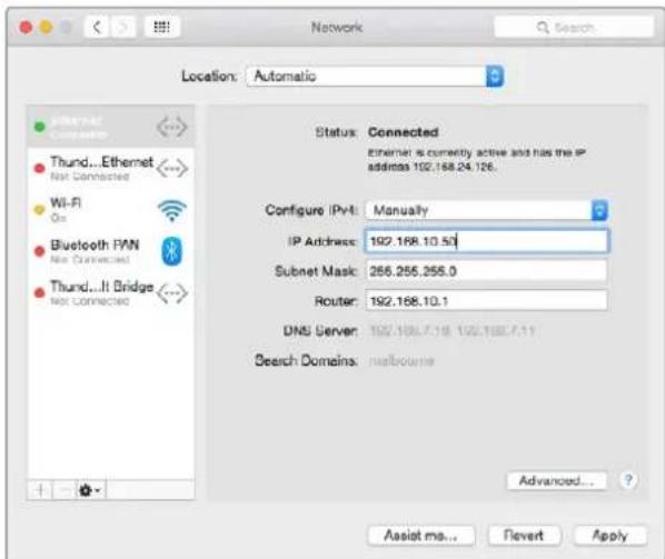 Location: Automatic Status: Connected Ethernet is correctly active and has the IP addresses 102.168.24.126. Configure IPv: Manually IP Address: 192.168.10.50 Subnet Mask: 266.256.256.0 Router: 192.168.10.1 DNS Server: 192.168.7.19, 192.168.7.11 Search Domains: melbourne Advanced... Assist ma... Revert Apply