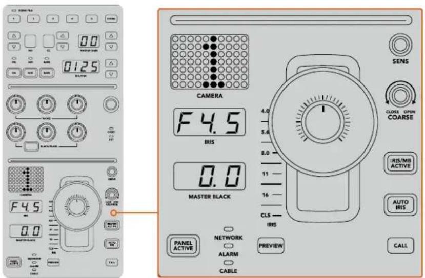 0125 CAMERA F4.5 BRIS 0.0 MASTER BLACK PANEL ACTIVE NETWORK ALARM CABLE PREVIEW SENS CLOSE OPEN COARSE IRIS/MB ACTIVE AUTO BRIS CALL