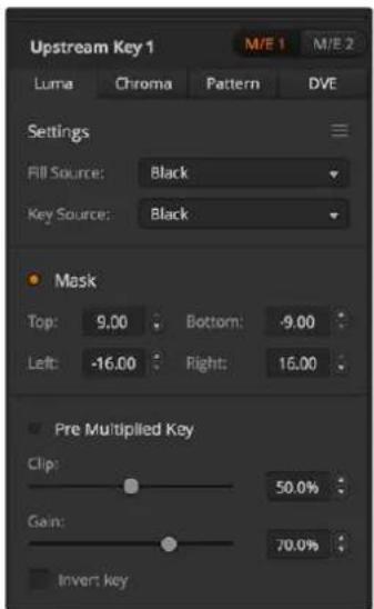 Upstream Key 1 M/E 1 M/E 2 Luma Chroma Pattern DVE Settings Fill Source: Black Key Source: Black Mask Top: 9.00 Bottom: -9.00 Left: -16.00 Right: 16.00 Pre-Multipled Key Clip: 50.0% Gain: 70.0% Invert key
