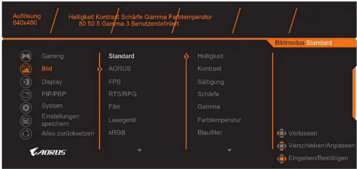 Auflösung 640x480 Helligkeit Kontrast Schärfe Gamma Farbtemperatur 80 50 5 Gamma 3 Benutzerdefiniert Bildmodus Standard Gaming Bild Display PIP/PBP System Einstellungen speichern Alles zurücksetzen Standard AORUS FPS RTS/RPG Film Lesegerät sRGB Helligkeit Kontrast Sättigung Schärfe Gamma Farbtemperatur Blauffilter Verlassen Verschieben/Anpassen Eingeben/Bestätigen