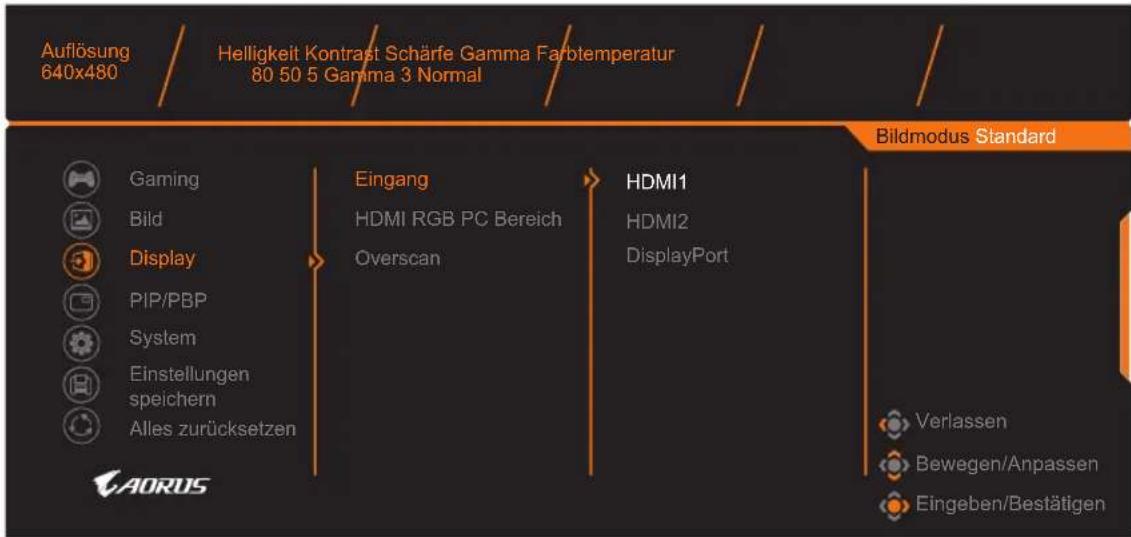 Auflösung 640x480 Helligkeit Kontrast Schärfe Gamma Farotemperatur 80 50 5 Gamma 3 Normal Bildmodus Standard Gaming Bild Display PIP/PBP System Einstellungen speichern Alles zurücksetzen Eingang HDMI RGB PC Bereich Overscan HDMI1 HDMI2 DisplayPort Verlassen Bewegen/Anpassen Eingeben/Bestätigen AORUS