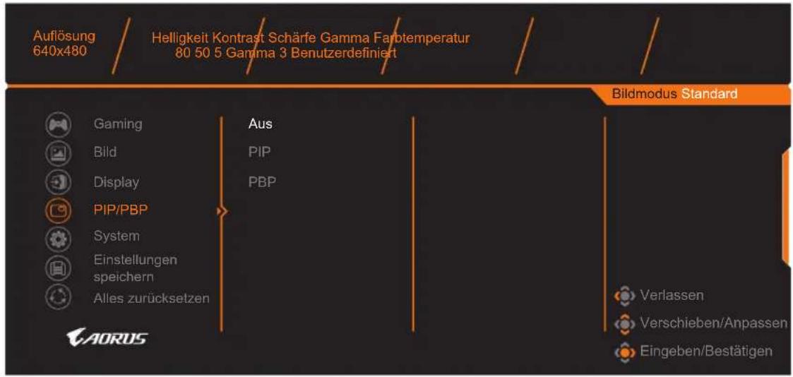 Auflösung 640x480 Helligkeit Kontrast Schärfe Gamma Farbtemperatur 80 50 5 Gamma 3 Benutzerdefiniert Bildmodus Standard Gaming Aus Bild PIP Display PBP PIP/PBP System Einstellungen speichern Alles zurücksetzen Verlassen Verschieben/Anpassen Eingeben/Bestätigen AORUS