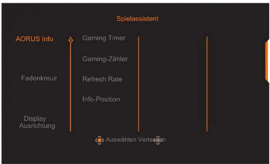 Spielassistent AORUS Info Gaming Timer Fadenkreuz Gaming-Zähler Refresh Rate Info-Position Display Ausrichtung Auswählen Verlaufen