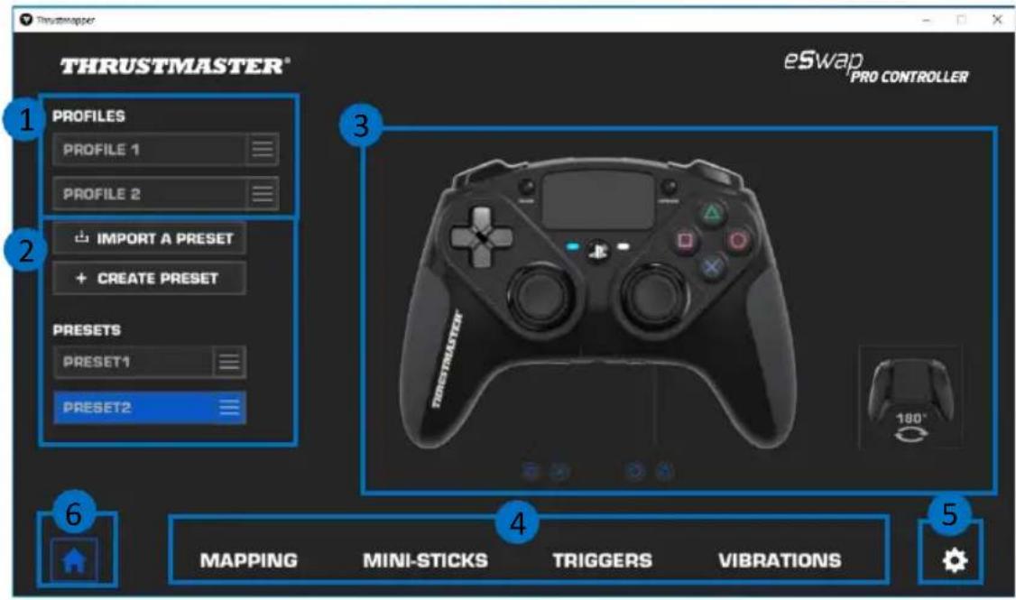 THRUSTMASTER® PROFILES PROFILE 1 PROFILE 2 IMPORT A PRESET CREATE PRESET PRESETS PRESET1 PRESET2 eSwap PRO CONTROLLER THRUSTMASTER® 100° MAPPING MINI-STICKS TRIGGERS VIBRATIONS