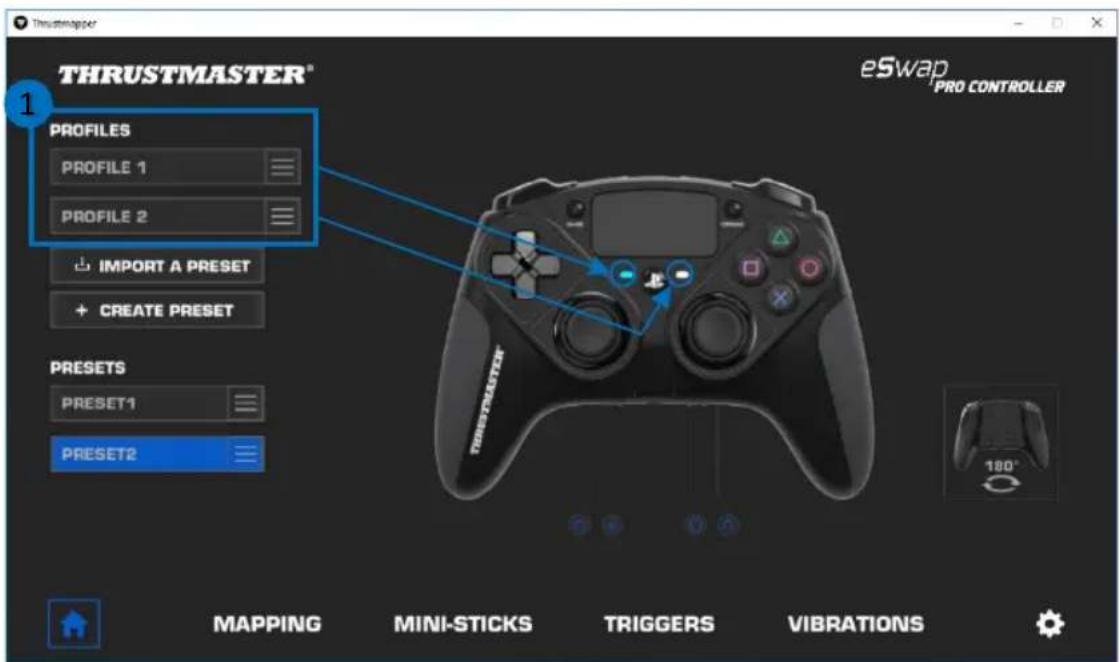 THRUSTMASTER® PROFILES PROFILE 1 PROFILE 2 IMPORT A PRESET CREATE PRESET PRESETS PRESET1 PRESET2 eSwap PRO CONTROLLER MAPPING MINI-STICKS TRIGGERS VIBRATIONS