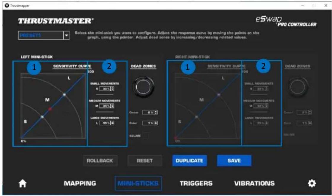 THRUSTMASTER® eSwap PRO CONTROLLER PRESSET Select the mini-stick you want to configure. Adjust the response curve by moving the points on the graph, using the pointer. Adjust dead zones by increasing/decreasing related values. LEFT MINI-STICK SENSITIVITY CURVE 100 M S 0% DEAD ZONES ROLLBACK RESET DOUBLE RIGHT MINI-STICK SENSITIVITY CURVE 100 M S 0% DEAD ZONES ROLLBACK RESET DOUBLE SAVE MAPPING MINI-STICKS TRIGGERS VIBRATIONS