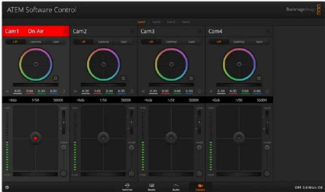 ATEM Software Control Blackmagnodeign Cam1 On Air Lift Gamma Gain 0.00 0.00 0.00 0.00 +0db 1/50 5600K +0db 1/50 5600K +0db 1/50 5600K +0db 1/50 5600K Switcher Media Audio Camera OFF 0.0 Mb/s OK