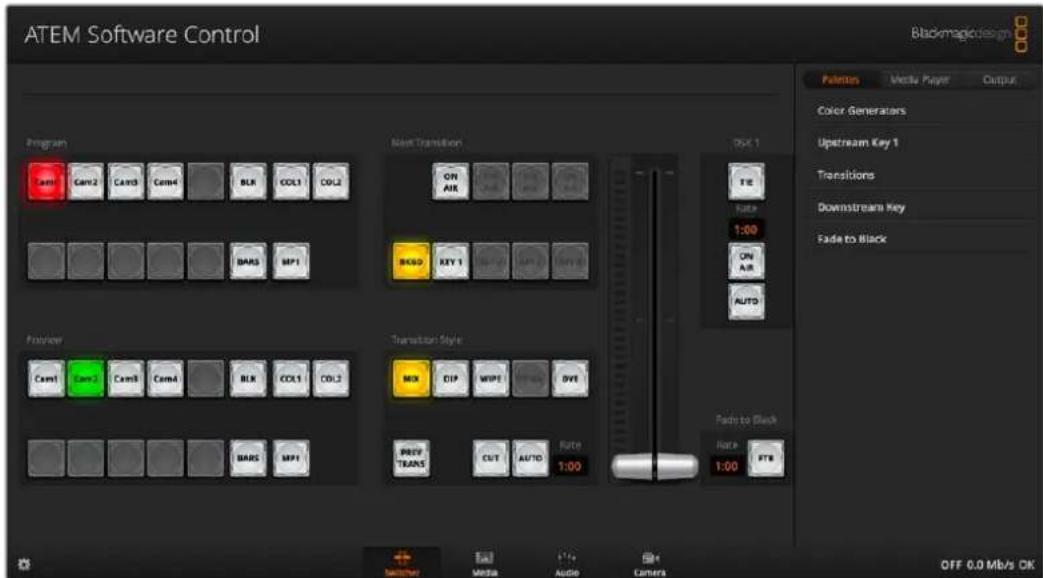 ATEM Software Control Blackmagic design Program Cam1 Cam2 Cam3 Cam4 BLK COL1 COL2 Main Transition ON AIR OFF 1 FTR Rate 1:00 ON AIR AUTO Protactor Cam1 Cam2 Cam3 Cam4 BLK COL1 COL2 Transistor Style MOX DIP WIPE WINS BVE PROV TRANS OUT AUTO Rate Fads to Black Rate 1:00 PTB Pioneer Media Player Output…