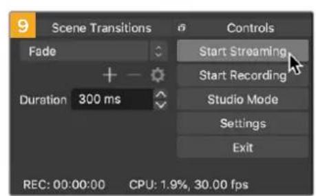 Scene Transitions Fade Start Streaming Start Recording Duration 300 ms Studio Mode Settings Exit REC: 00:00:00 CPU: 1.9%, 30.00 fps