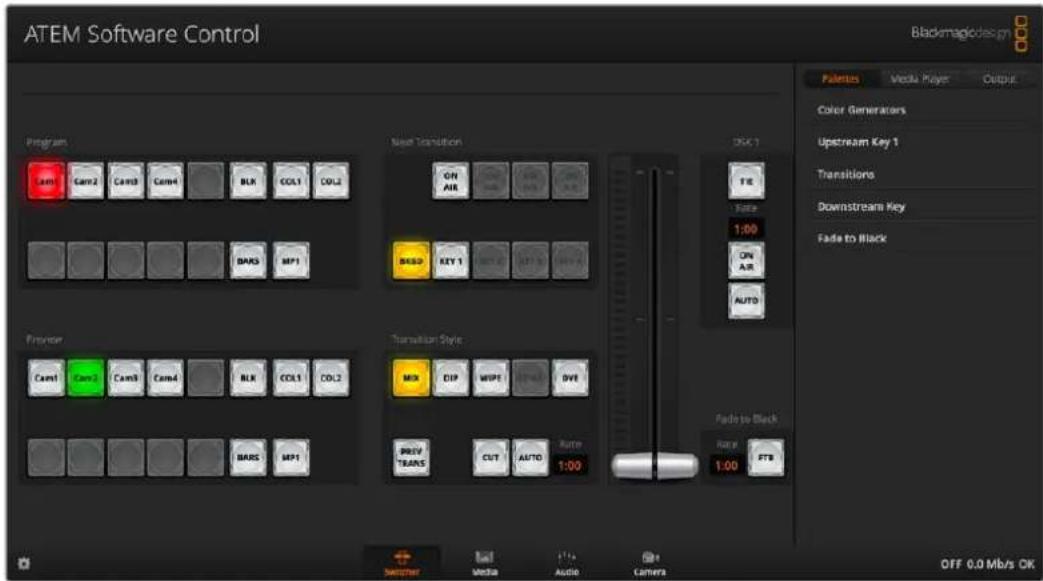 ATEM Software Control Program Cam1 Cam2 Cam3 Cam4 BLK COL1 COL2 New Transition ON AIR BKS0 KEY 1 AUTO OUT TO BUY DSX 1 FTR Rate 1:00 ON AIR AUTO Preview Cam1 Cam2 Cam3 Cam4 BLK COL1 COL2 Transition Style MX DIP WIP1 BVE PROV TRANS CUT AUTO Rate Fads to Black Rate ETR SWITCH Media Audio Camera OFF 6.…