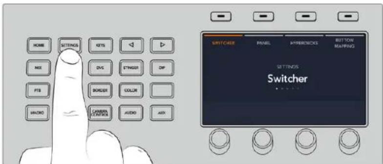 HOME SETTENSIS KEYS ◀ ▶ MIX DVC STINGER DIP PTS BORDER COLOR AVOC CAMERA CONTINION AUDIO AIR SWITCHER PANEL HYPERECKS BUTTON RAFFING SETTENSIS: Switcher • 200 MHz
