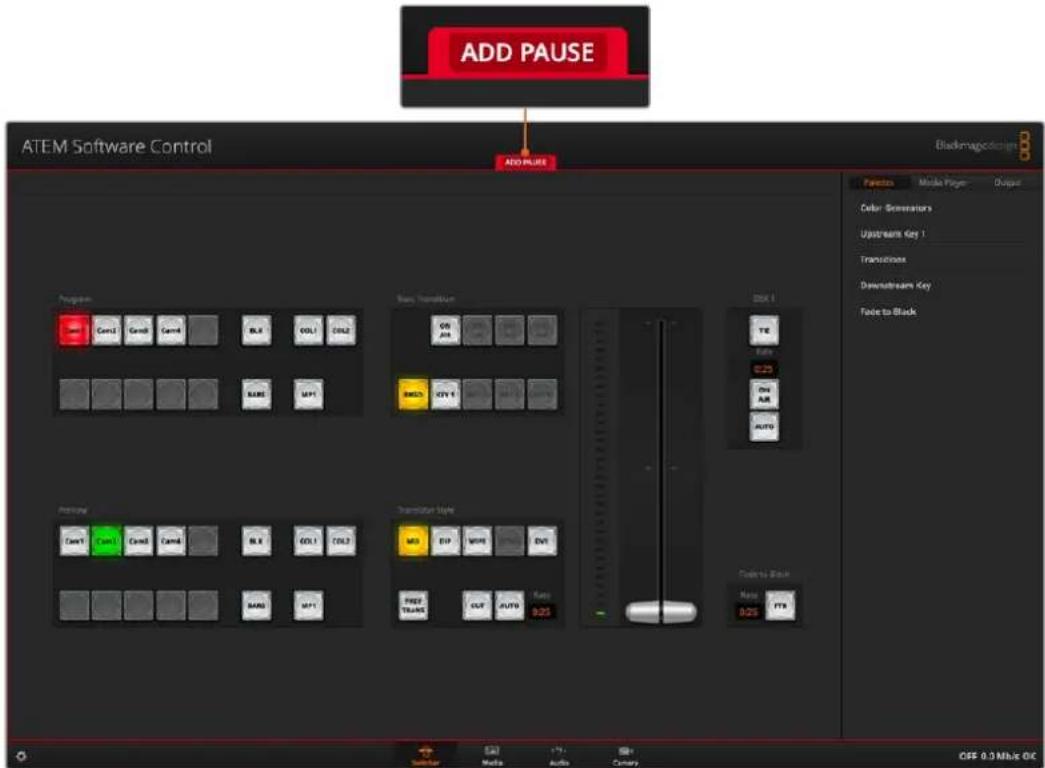 ADD PAUSE ATEM Software Control ADD PAUSE Blackmaplockers Components Media Player Output Color Generators Upstream Key 1 Transitions Downstream Key Face to Black Program Can1 Can2 Can3 Can4 BLK VOL1 CRL2 SAMS UPT Base Transition OR AR BND CVI E Auto TIE Radio D25 ON AR AUTO Preview Can1 Can2 Can3 Ca…