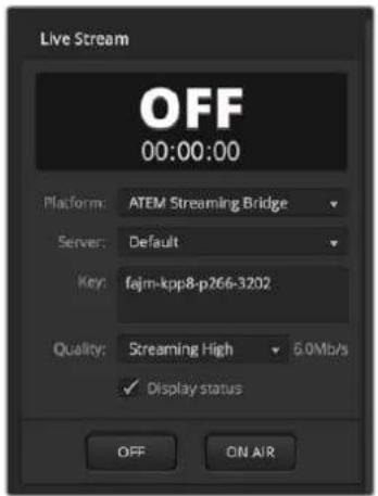 Live Stream OFF 00:00:00 Platform: ATEM Streaming Bridge Server: Default Key: fejm-kpp8-p266-3202 Quality: Streaming High 5.0Mb/s ✓ Display status OFF ON AIR